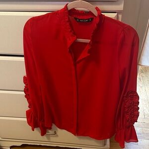 Zara Vibrant Red Ruffle-Sleeve Button-Up Blouse